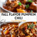 Close-up of Chicken And Pumpkin Chili in a white bowl with chunks of chicken and pumpkin.